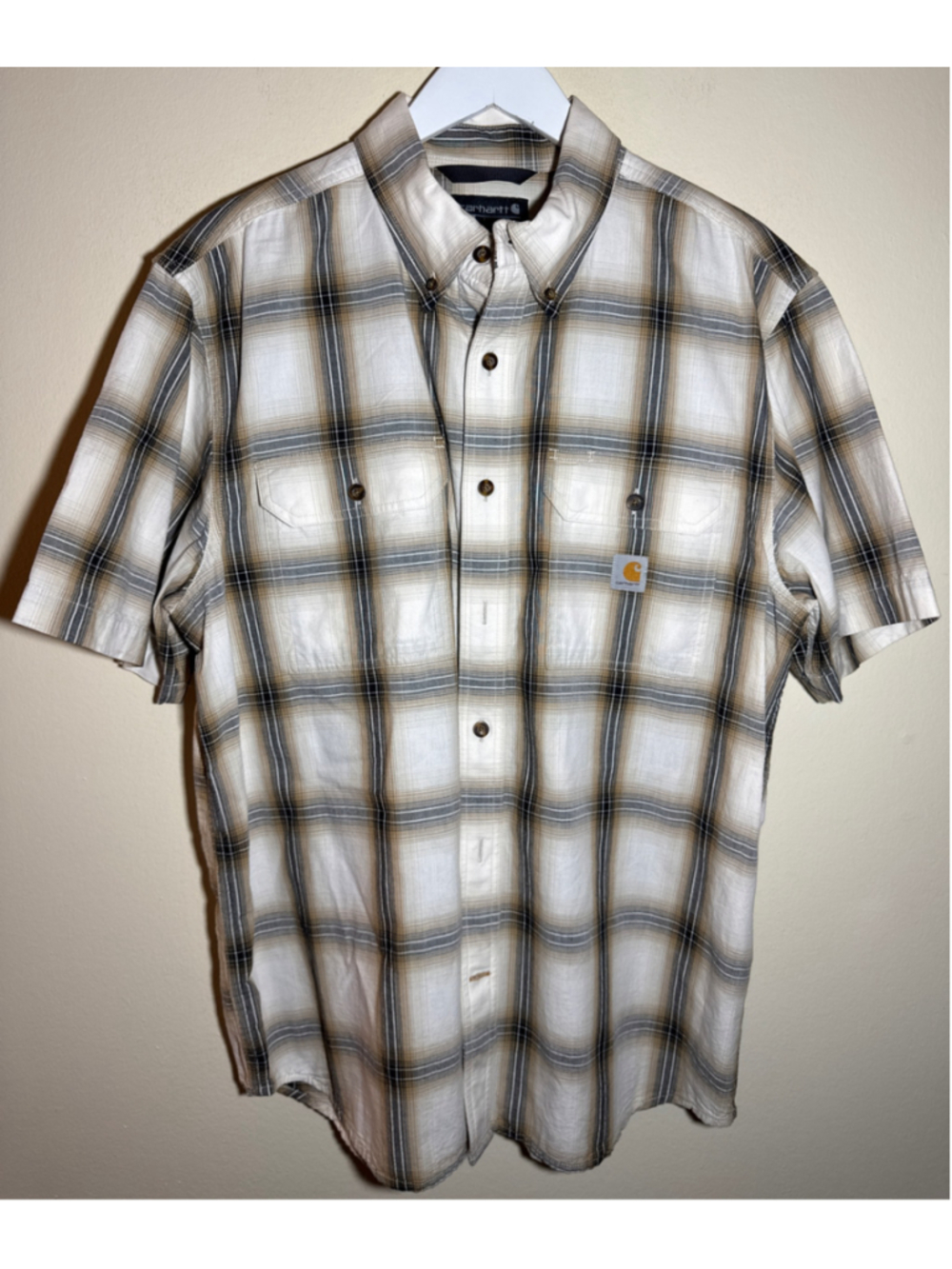 Carhartt Casual Button Down Shirt Large Beige Black Plaid